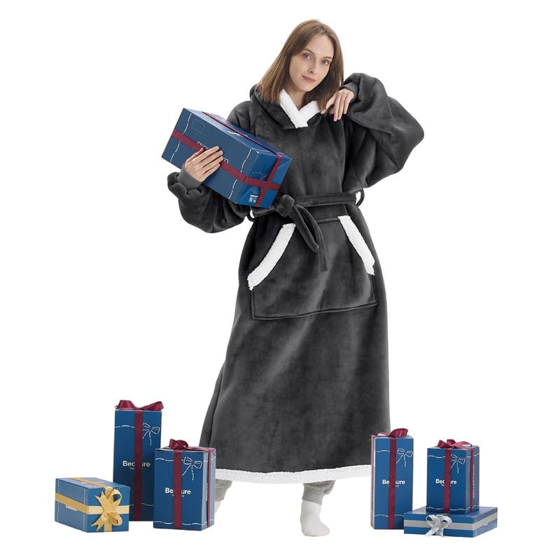 Bedsure Bedsure Wearable Blanket Hoodie Women - Long Sherpa Fleece Hooded Blanket for Teens Adult  Warm Cozy Blanket Sweatshirt with Giant Pocket and Belt  Winter Gifts for Girls  Small  Charcoal  - Image 1