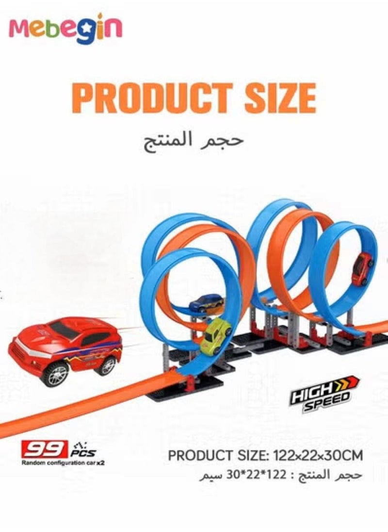 MEBEGIN - 99 PCS Building Blocks for Racing Cars, Race Tracks Toys Set, Pull Back Track Racing Car Track Set with Wide Track Loop and Slam Launcher, Fun Tracks Game, STEM Educational Components, Designed for Multi-car Play, Gift for Kids Aged 3+ - Image 1