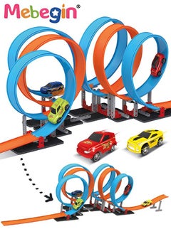 MEBEGIN 99 PCS Building Blocks for Racing Cars, Race Tracks Toys Set, Pull Back Track Racing Car Track Set with Wide Track Loop and Slam Launcher, Fun Tracks Game, STEM Educational Components, Designed for Multi-car Play, Gift for Kids Aged 3+  - Image 1