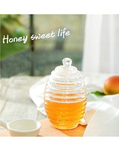 SYOSI Honey Jar, 265ml Transparent Honey Bottle Sealed Honey Pot Beehive shaped Jam Jar Honeycomb Pattern with Dipper Stick, for Home Kitchen Storing and Dispensing Honey and Syrup  - Image 2