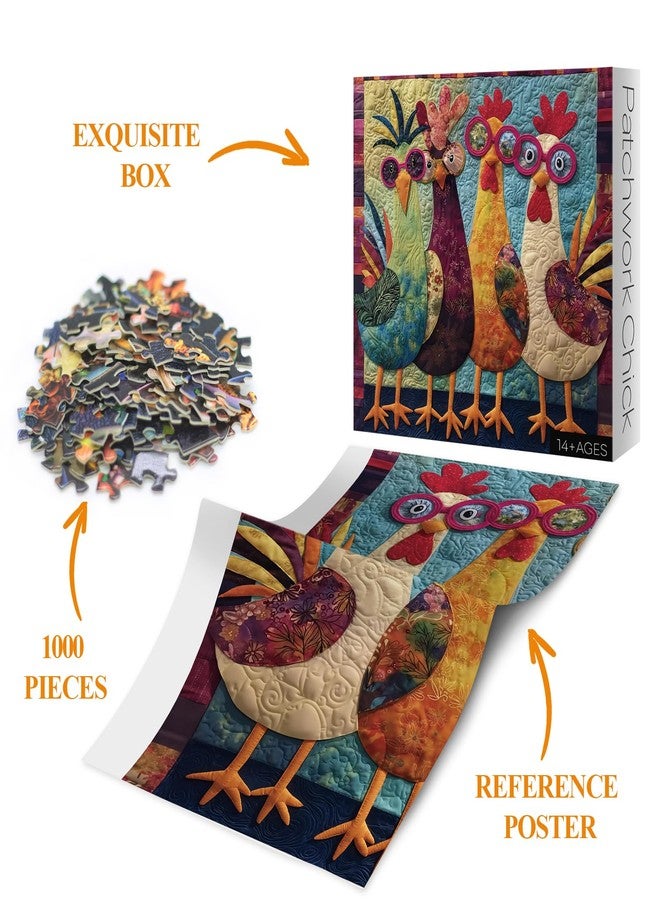 BBOLDIN Funny Chicken Puzzles for Adults 1000 Pieces, Colorful Quilt Rooster Jigsaw Puzzle Animal, Vintage Embroidery Patchwork Art Puzzle - Image 5