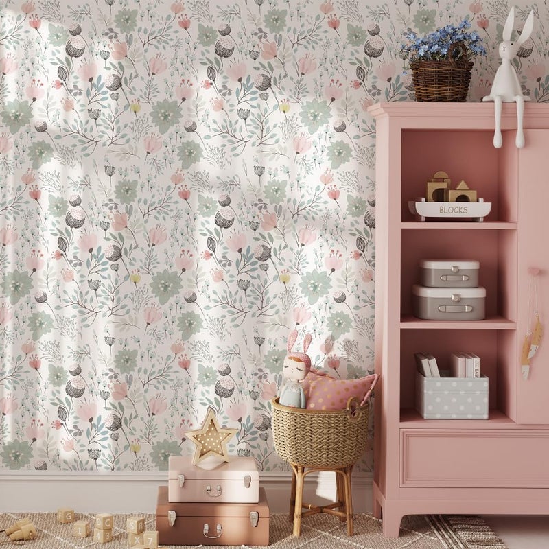 GERRIT 17.7"*118" Pastoral Floral Wallpaper Peel and Stick Pink Green Vinyl Wall Paper for Bedroom Nursery Removable Wallpaper Floral Contact Paper for Cabinets Drawers Self Adhesive Flower Wall Mural - Image 5