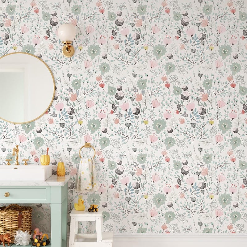 GERRIT 17.7"*118" Pastoral Floral Wallpaper Peel and Stick Pink Green Vinyl Wall Paper for Bedroom Nursery Removable Wallpaper Floral Contact Paper for Cabinets Drawers Self Adhesive Flower Wall Mural - Image 2