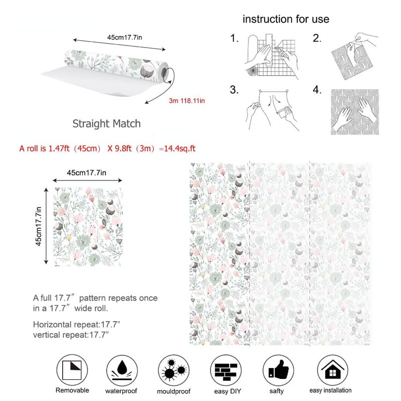 GERRIT 17.7"*118" Pastoral Floral Wallpaper Peel and Stick Pink Green Vinyl Wall Paper for Bedroom Nursery Removable Wallpaper Floral Contact Paper for Cabinets Drawers Self Adhesive Flower Wall Mural - Image 4
