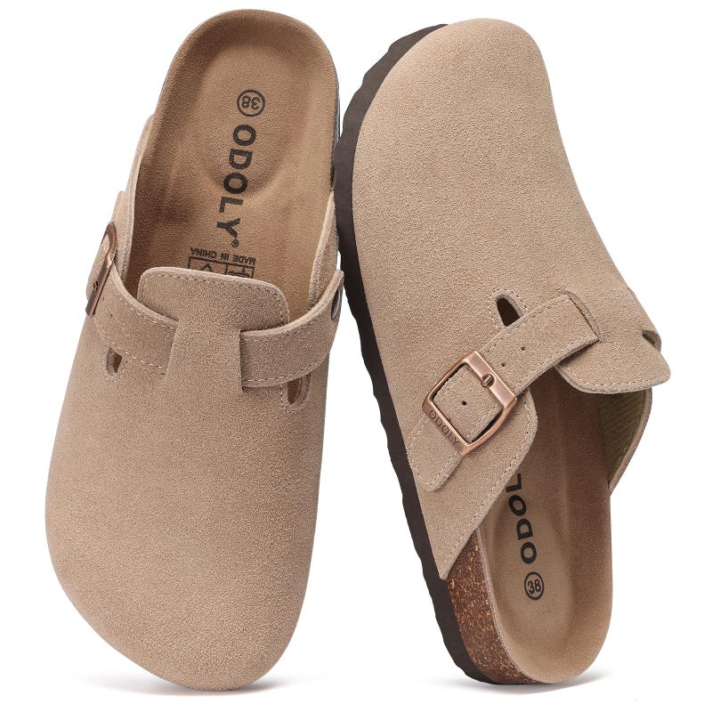 ODOLY Genuine Suede Clogs for Women Men Soft Cork Footbed Leather Mules Comfort Potato Shoes with Arch Support, Taupe 36 - Image 1