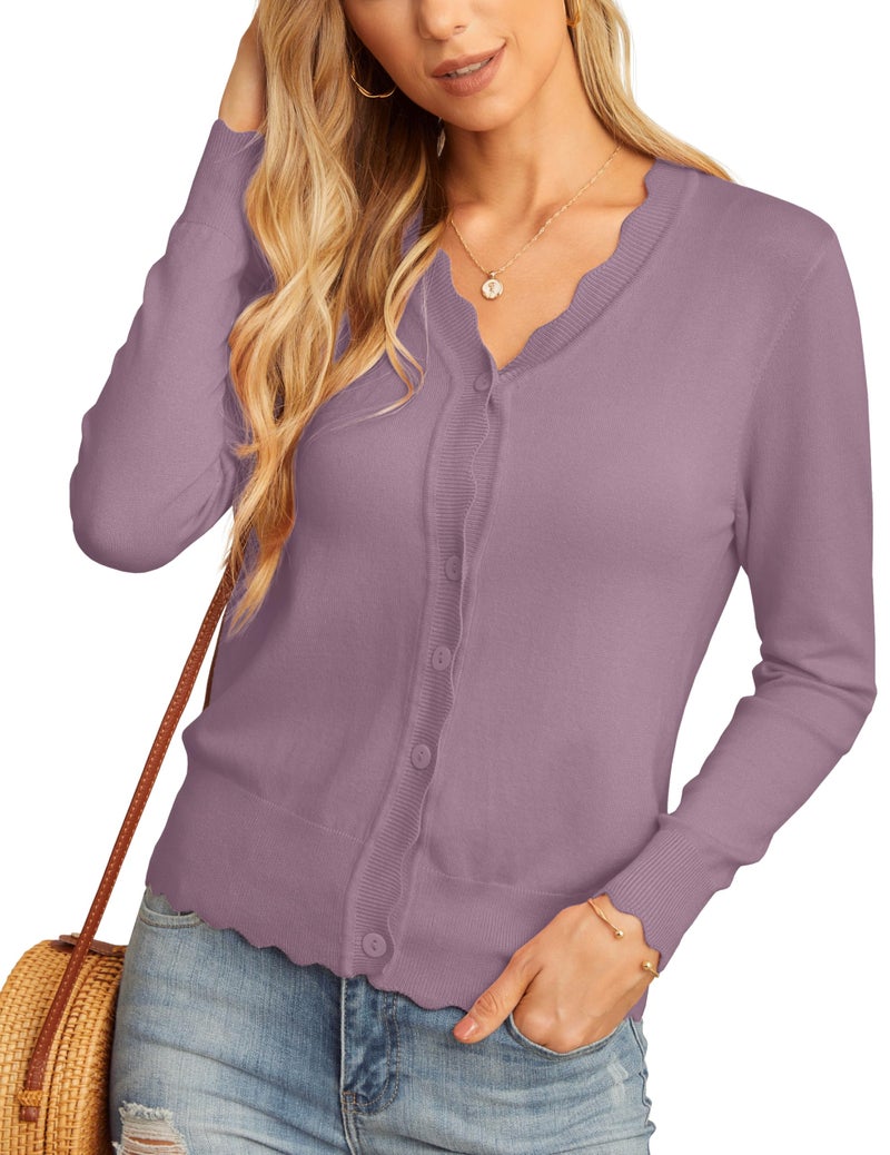 GRECERELLE Women's Long Sleeve Button Down Cardigan V-Neck Lightweight Fall Shrug Sweaters, Purple Gray, Medium - Image 3
