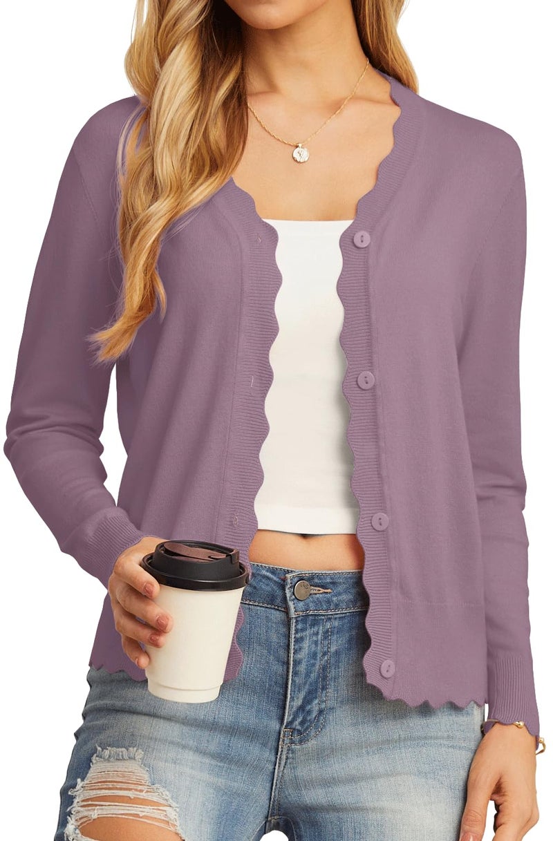 GRECERELLE Women's Long Sleeve Button Down Cardigan V-Neck Lightweight Fall Shrug Sweaters, Purple Gray, Medium - Image 1