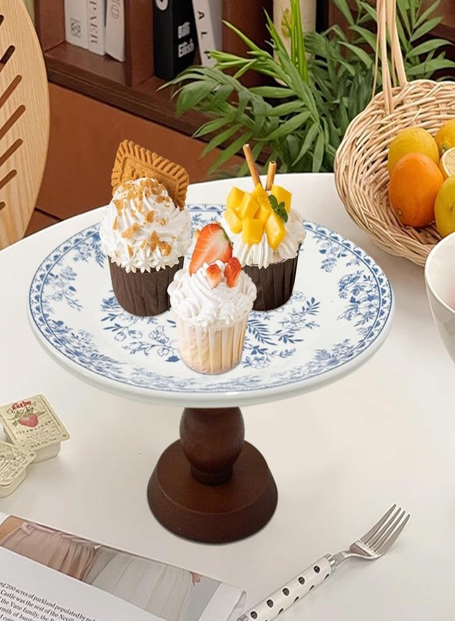 EHERDM Vintage Ceramic Cake Stand Small 7 Inch Round Dessert Cupcakes Donuts Fruit Display Stand Blue and White Floral Porcelain Wooden Pedestal Dessert Stand for Wedding Birthday Party elegant Jewelry Tray - Image 2