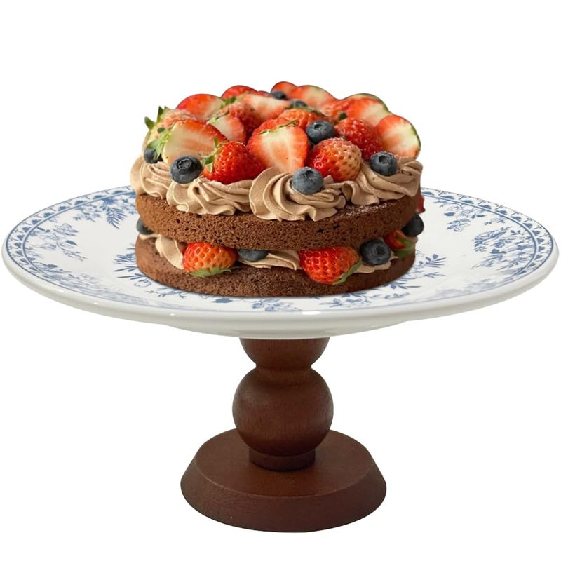 EHERDM Vintage Ceramic Cake Stand Small 7 Inch Round Dessert Cupcakes Donuts Fruit Display Stand Blue and White Floral Porcelain Wooden Pedestal Dessert Stand for Wedding Birthday Party elegant Jewelry Tray - Image 1