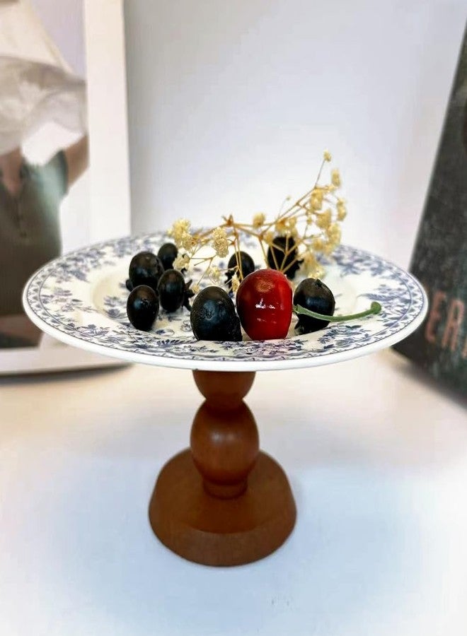 EHERDM Vintage Ceramic Cake Stand Small 7 Inch Round Dessert Cupcakes Donuts Fruit Display Stand Blue and White Floral Porcelain Wooden Pedestal Dessert Stand for Wedding Birthday Party elegant Jewelry Tray - Image 3