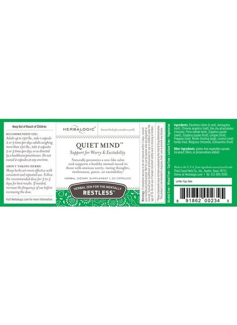 Quiet Mind Herb Capsules - Non-Sedating, Promotes a Feeling of Zen-Like Calm - Eases Anxious Worry and Panicky Mood - Based on The Traditional Chinese Formula GUI Pi Tang - 30 Cap Count