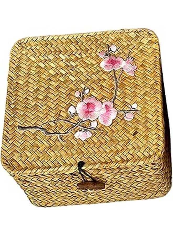 Large White Woven Storage Basket With Lid Organizer Bin For Makeup And Home - Image 1