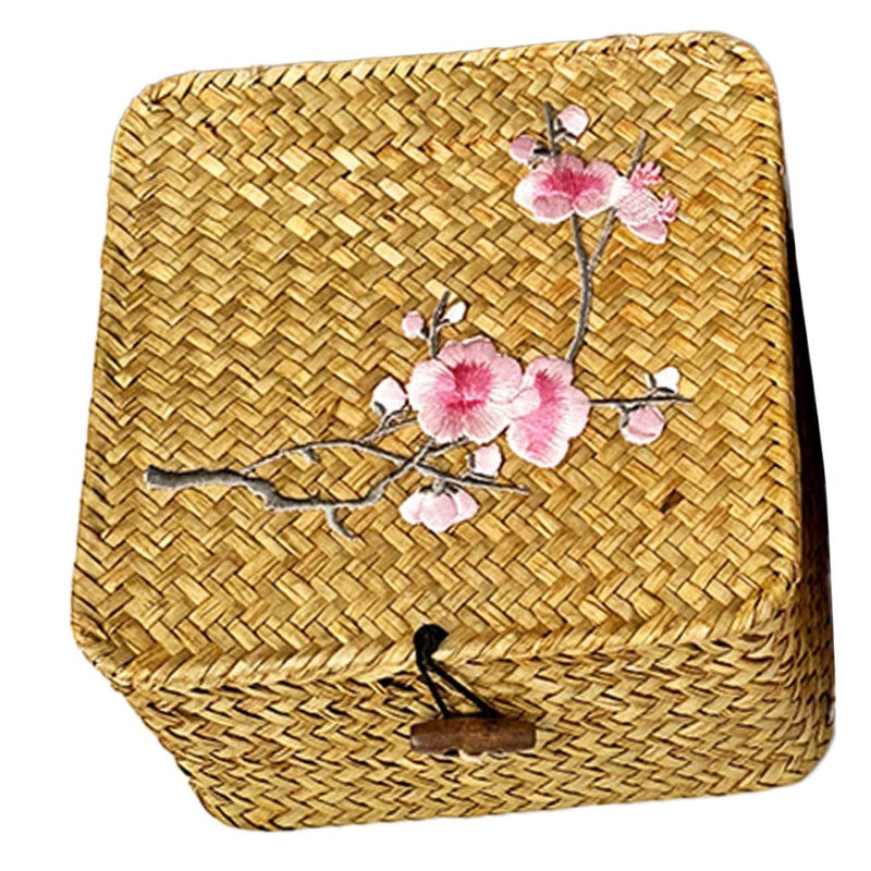 Large White Woven Storage Basket With Lid Organizer Bin For Makeup And Home - Image 2