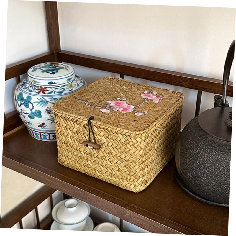 Large White Woven Storage Basket With Lid Organizer Bin For Makeup And Home - Image 4