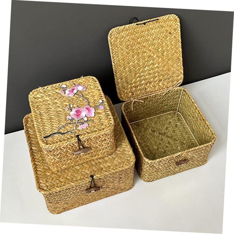 Large White Woven Storage Basket With Lid Organizer Bin For Makeup And Home - Image 5