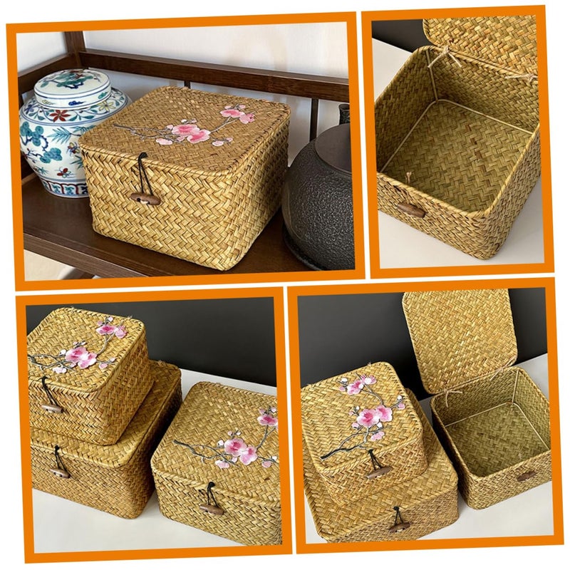 Large White Woven Storage Basket With Lid Organizer Bin For Makeup And Home - Image 3