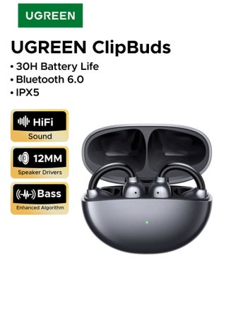 ClipBuds, Open-ear Wireless Headphones with 4 Mic Clear Call 12mm Diaphragm Earbuds Clip on Earphones Bluetooth 6.0, App&Touch Control, Lightweight, IPX5 for Fitness, 30H Playtime, iOS&Android
