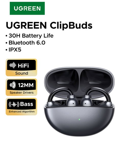 ClipBuds، سماعات أذن لاسلكية مفتوحة مع 4 ميكروفونات لمكالمات واضحة، سماعات أذن بقطر 12 مم، سماعات بلوتوث 6.0، تحكم عبر التطبيق واللمس، خفيفة الوزن، IPX5 لللياقة البدنية، 30 ساعة من وقت التشغيل، iOS وأندرويد