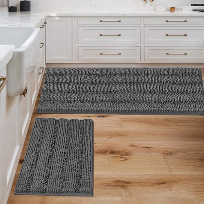 HVERSAILTEX 2 PIECE BATHROOM SET SUPER ABSORBENT CHENILLE STRIPED BATH MATS NON SKID MACHINE WASHABLE GREY 47 X 17 PLUS 17 X 24 INCHES