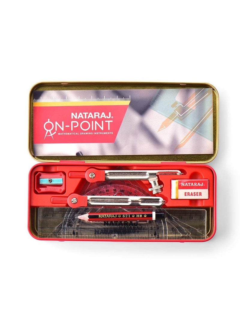 NATARAJ - Nataraj On-point Geometry Box, Pencil, Sharpener, Erase, Swing Arm Protractor, Divider, Set Squares, Ruler, Compasses and Protractor, Smooth & Rounded Edge, Child-safe, Set of 9 Instruments - Image 1