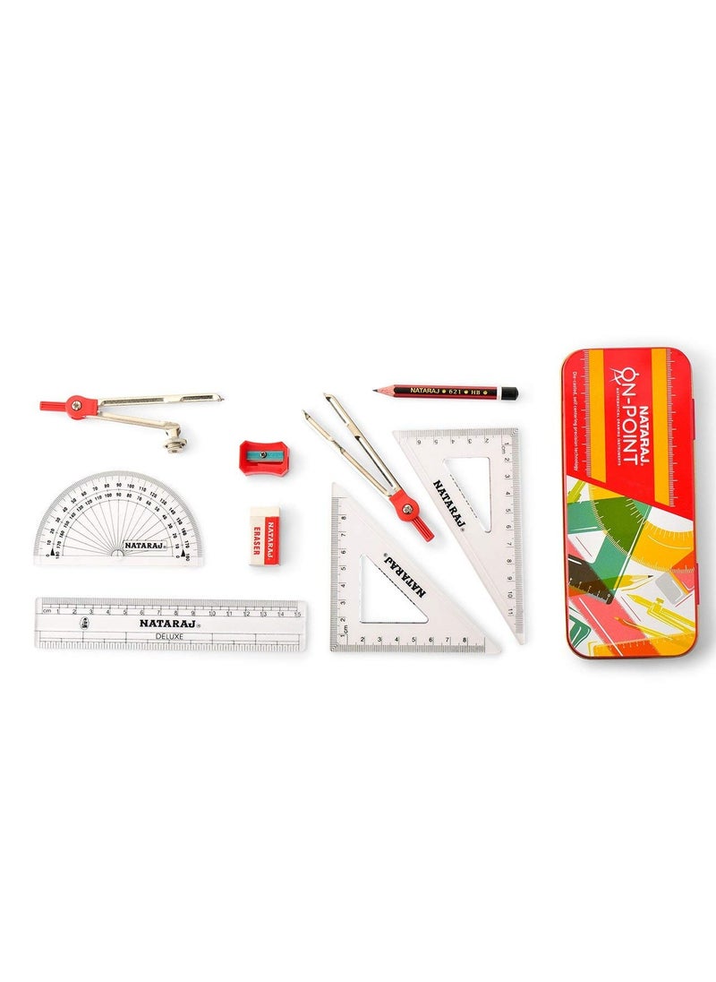 NATARAJ - Nataraj On-point Geometry Box, Pencil, Sharpener, Erase, Swing Arm Protractor, Divider, Set Squares, Ruler, Compasses and Protractor, Smooth & Rounded Edge, Child-safe, Set of 9 Instruments - Image 1