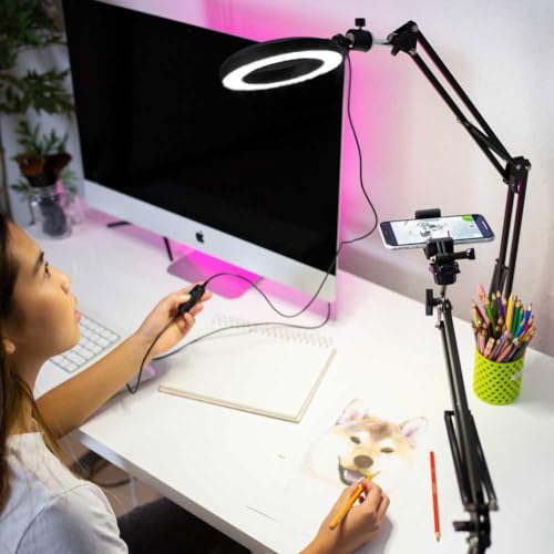 AceTaken Phone Ring Light, 8'' Ring Light with 2 Suspension Arm Stand Compatible with iPhone 15 14 13 12 11 XR X XS Cell Phone for Baking,Craft,Calligraphy,Drawing,Online Lesson,Video Recording - Image 2