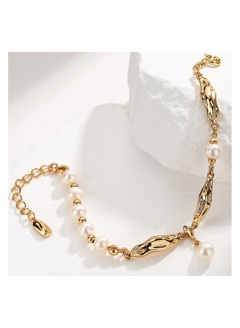 French Silk Scarf Pearl Bracelet, 18K Gold Plated Pure Silver Scarf Bracelet for Women Girls, Vintage Flower Bracelet