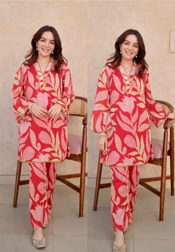 LookMark Women's Cotton Blend Kurta and Pant - Suitable for Every Indian Occasion (AZ-LM-OG-KS2191-L) Red - Image 2