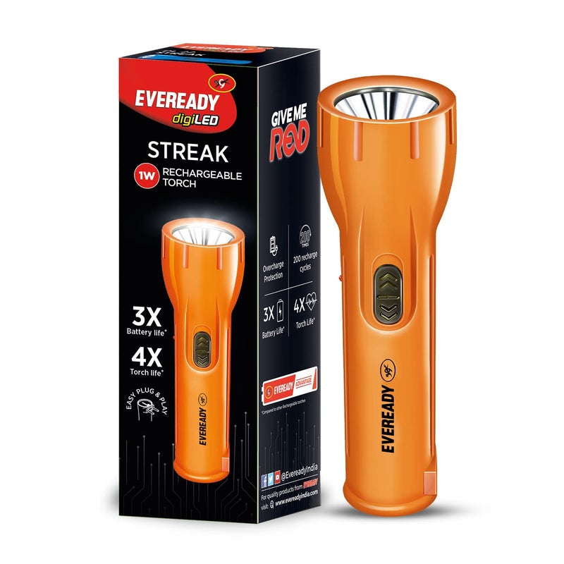 Eveready Eveready Streak DL22 Digi LED Torch Super Bright 1W LED 3X Battery Life 4X Torch Life Heavy Duty Rechargeable Flashlight Overcharge Protection Durable ABS Body  - Image 1