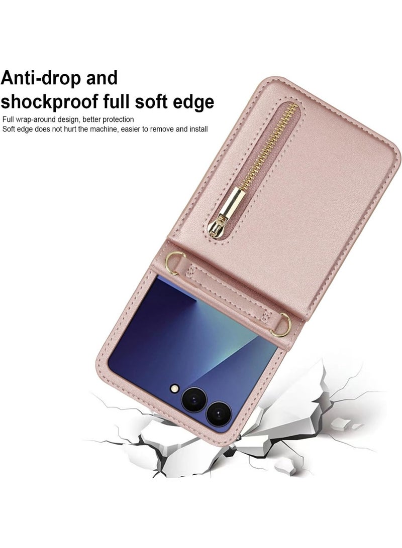 XIMAND جراب هاتف Ximand فاخر بسحاب لهاتف Samsung Galaxy Z Flip 7، حامل بطاقات متعدد الوظائف مع حزام كتف قابل للتعديل، جراب قلاب أنيق - Image 5