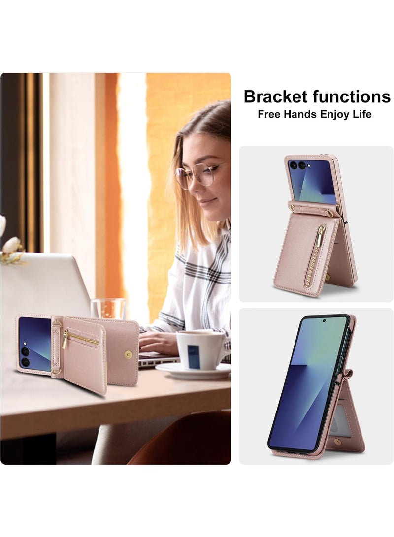 XIMAND جراب هاتف Ximand فاخر بسحاب لهاتف Samsung Galaxy Z Flip 7، حامل بطاقات متعدد الوظائف مع حزام كتف قابل للتعديل، جراب قلاب أنيق - Image 3