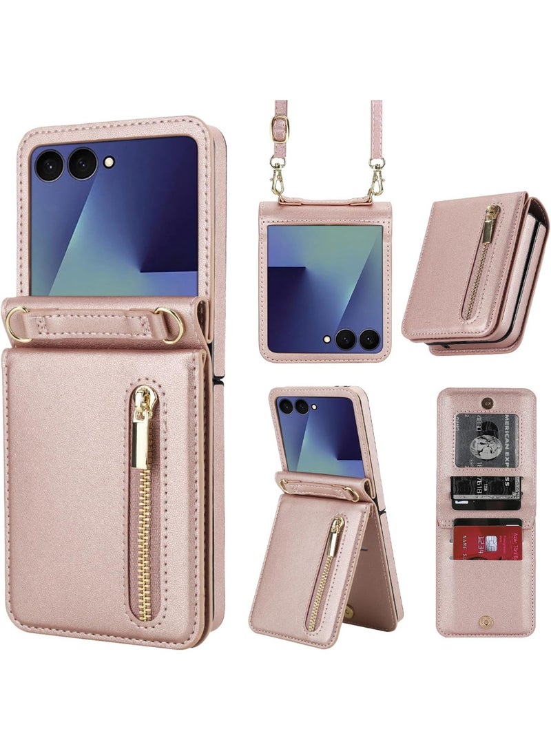 XIMAND جراب هاتف Ximand فاخر بسحاب لهاتف Samsung Galaxy Z Flip 7، حامل بطاقات متعدد الوظائف مع حزام كتف قابل للتعديل، جراب قلاب أنيق - Image 1