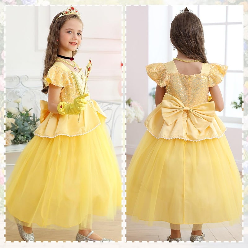 Luzlen Belle Costume for Girls Yellow Princess Dress up Halloween Birthday Party Cosplay Outfits with Accessories Yellow, 5-6Y(Tag 130) - Image 3