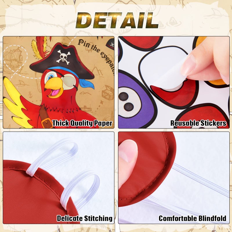 WERNNSAI Pin The Eye Patch on The Pirate - Kids Birthday Party Games Pirate Party Decorations for Kids Boys 28'' x 21'' Parrot Poster with 24 PCS Stickers Halloween Birthday Party Favor - Image 4