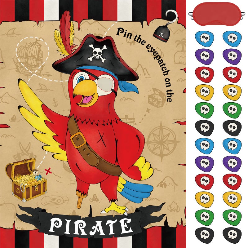 WERNNSAI Pin The Eye Patch on The Pirate - Kids Birthday Party Games Pirate Party Decorations for Kids Boys 28'' x 21'' Parrot Poster with 24 PCS Stickers Halloween Birthday Party Favor - Image 1