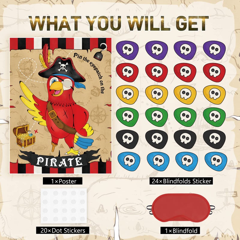 WERNNSAI Pin The Eye Patch on The Pirate - Kids Birthday Party Games Pirate Party Decorations for Kids Boys 28'' x 21'' Parrot Poster with 24 PCS Stickers Halloween Birthday Party Favor - Image 3