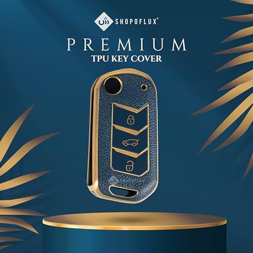 SHOPOFLUX TPU Leather Key Cover Compatible with Mahindra Scorpio N | 3XO | XUV 300 | Marazzo | XUV 700 | XUV 400 ev | Bolero | Thar Roxx 3 Button Flip Key (Blue Gold) - Image 5