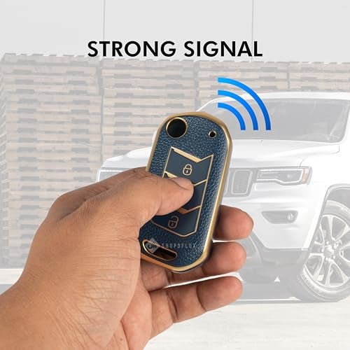 SHOPOFLUX TPU Leather Key Cover Compatible with Mahindra Scorpio N | 3XO | XUV 300 | Marazzo | XUV 700 | XUV 400 ev | Bolero | Thar Roxx 3 Button Flip Key (Blue Gold) - Image 3