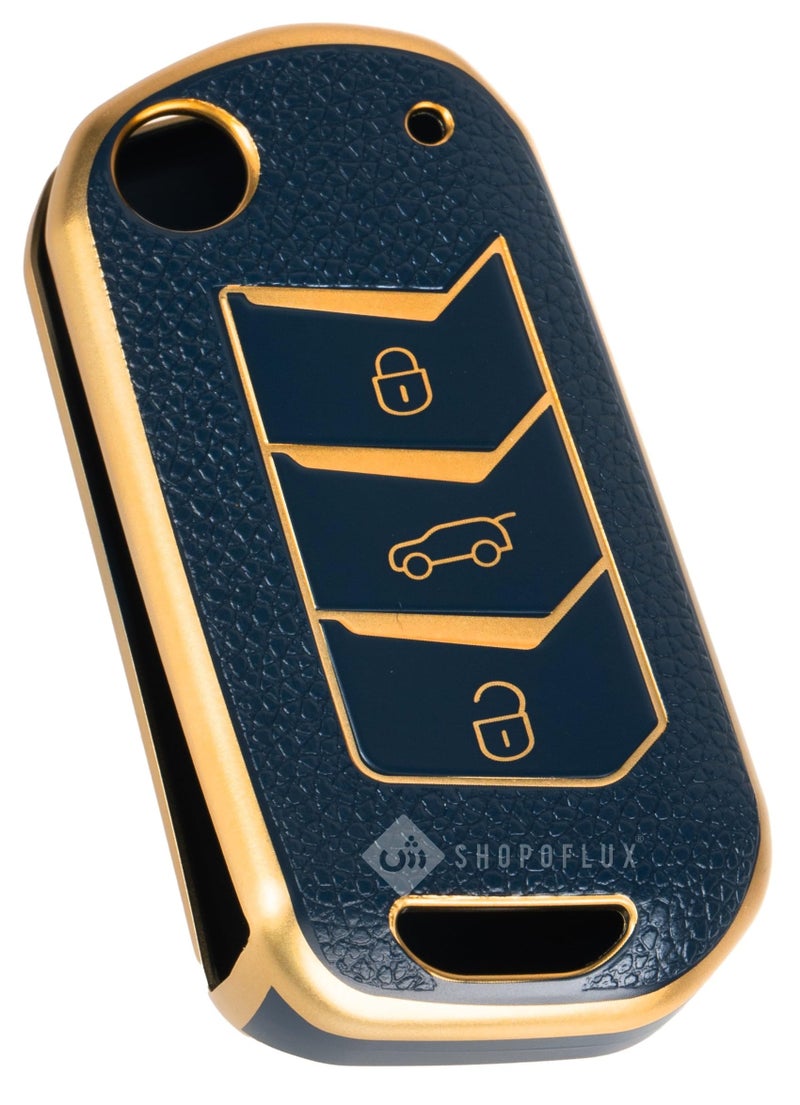 SHOPOFLUX TPU Leather Key Cover Compatible with Mahindra Scorpio N | 3XO | XUV 300 | Marazzo | XUV 700 | XUV 400 ev | Bolero | Thar Roxx 3 Button Flip Key (Blue Gold) - Image 1