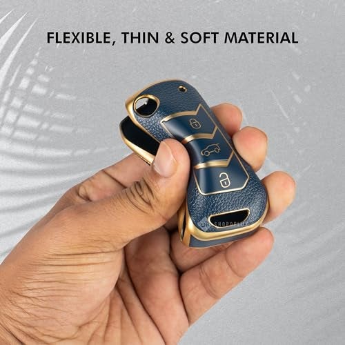 SHOPOFLUX TPU Leather Key Cover Compatible with Mahindra Scorpio N | 3XO | XUV 300 | Marazzo | XUV 700 | XUV 400 ev | Bolero | Thar Roxx 3 Button Flip Key (Blue Gold) - Image 4