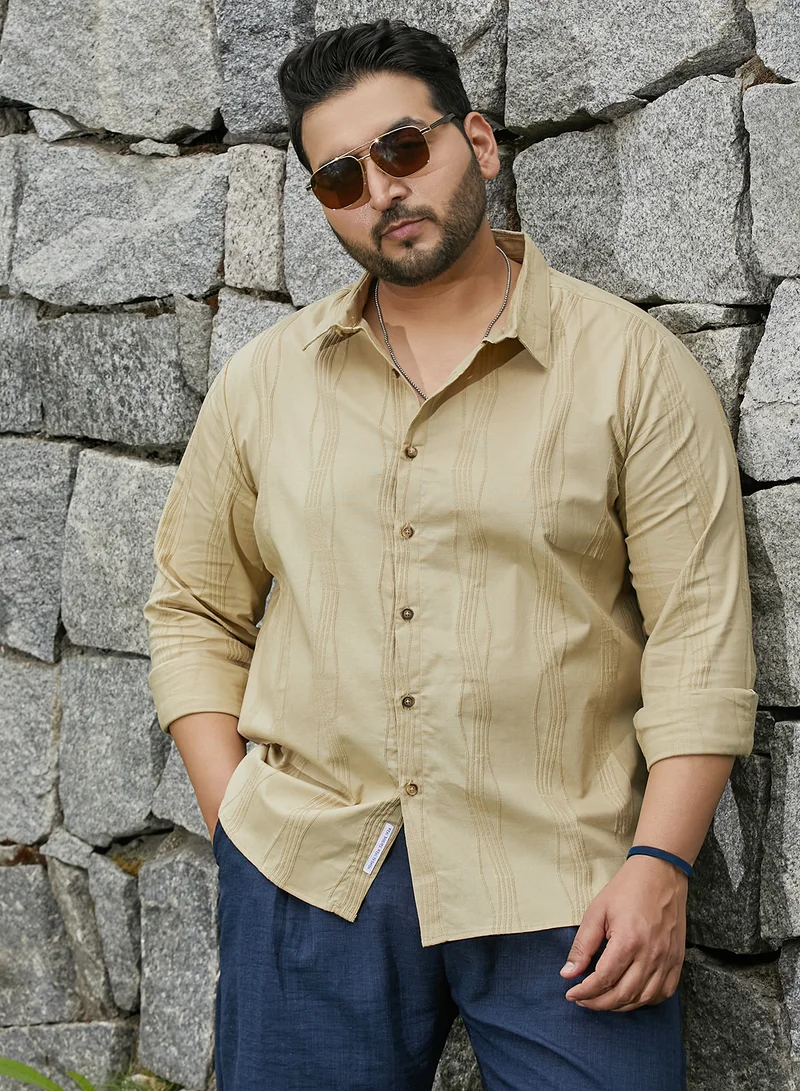Instafab Plus Men's Pale Yellow Swirl-Tactile Shirt For Casual Wear | Spread Collar | Long Cuffed Sleeves | Button Closure | Plus Size Shirt Crafted With Comfort Fit For Everyday Wear