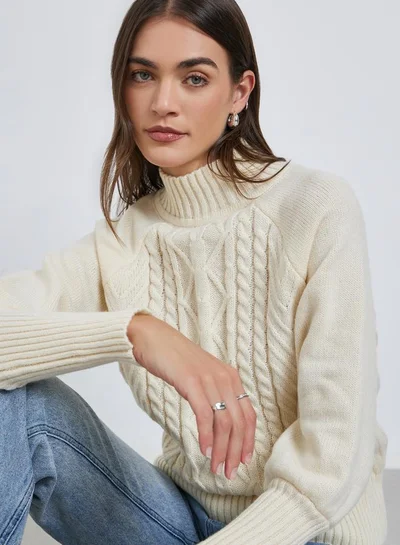 Styli Styli Cream Regular Fit Cable Knit Sweater