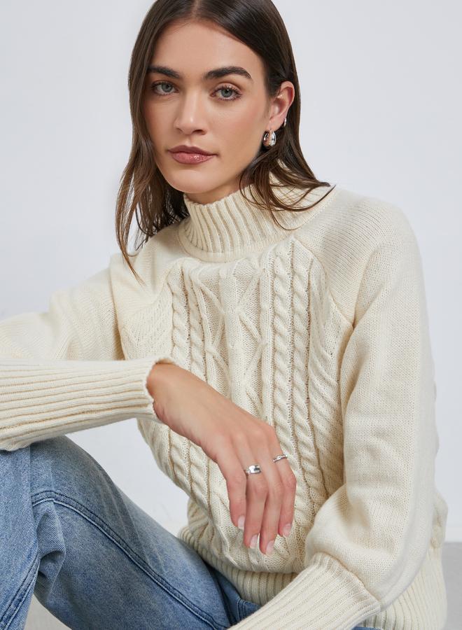 Styli Cream Regular Fit Cable Knit Sweater - Image 1