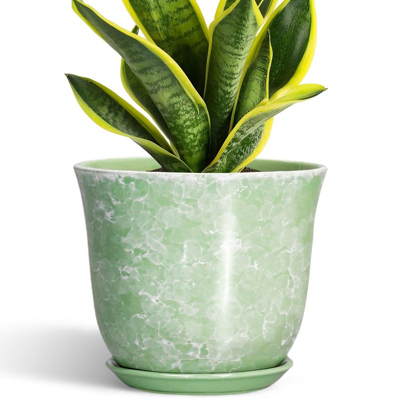 SUNPOTFOR Ceramic Planter - 8 Inch Plant Pot for Indoor Outdoor, Round Flower Pots with Drainage Hole and Saucer, Modern Decorative Planters, Home Office Desk Decor, Gifts for Plant Lovers, Green - Image 1