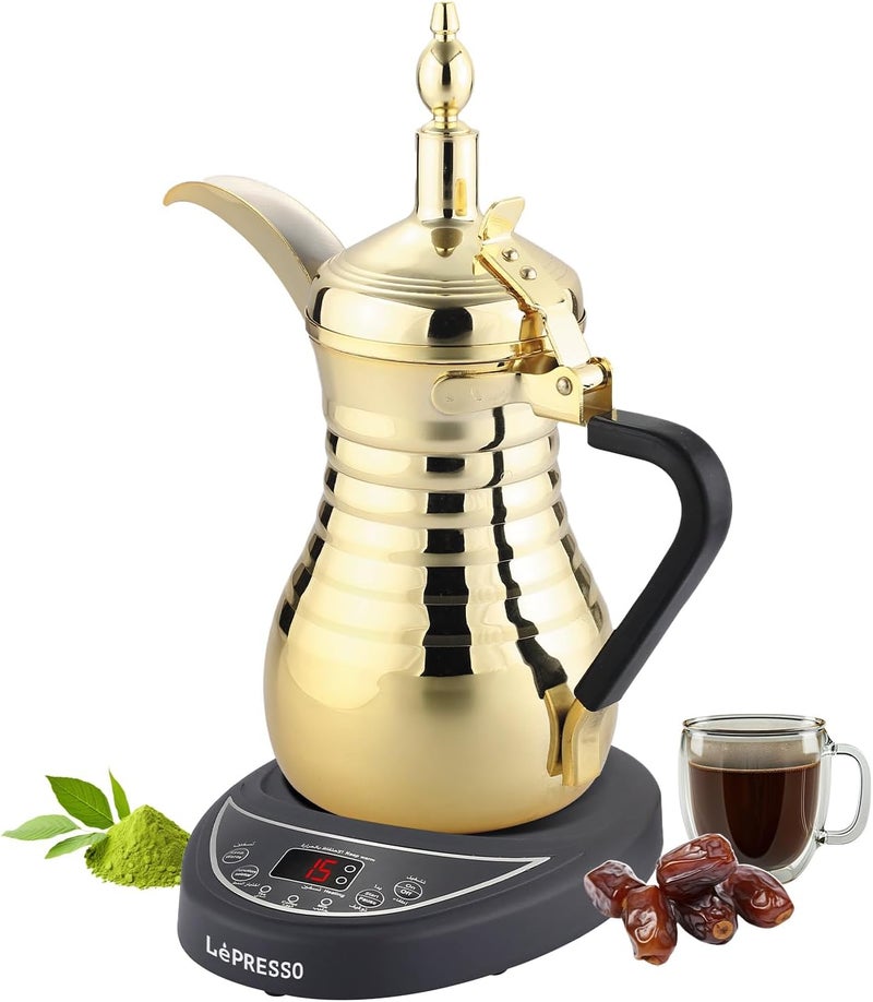 ليبرسو LePresso Arabic Coffee & Tea Dallah، مصنوع من الفولاذ المقاوم للصدأ (مادة 304)، يحتوي على نظام حماية من الحرارة الزائدة، قدرة كهربائية مقدرة بـ 800 واط، إبريق كهربائي أوتوماتيكي، سعة 750 مل، يمكنه غلي الماء وتسخين الحليب، أواني القهوة – لون ذهبي. - Image 1
