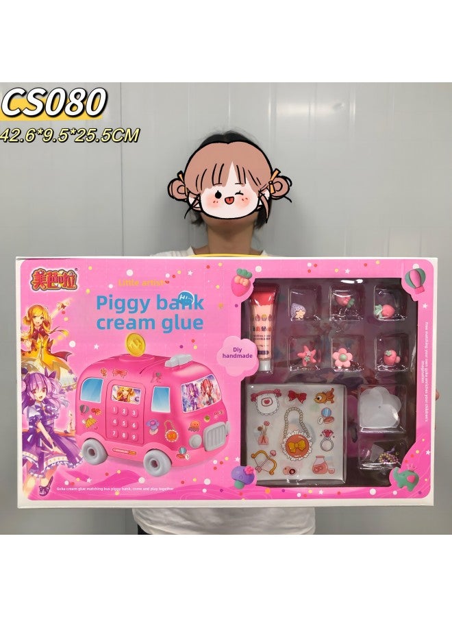 Educational Institution Toy Piggy Bank Storage Backpack Piggy Bank Suit 39 Mode Stall Children Gift Toys-Color:Cream Gum Bus Piggy Bank - Image 1