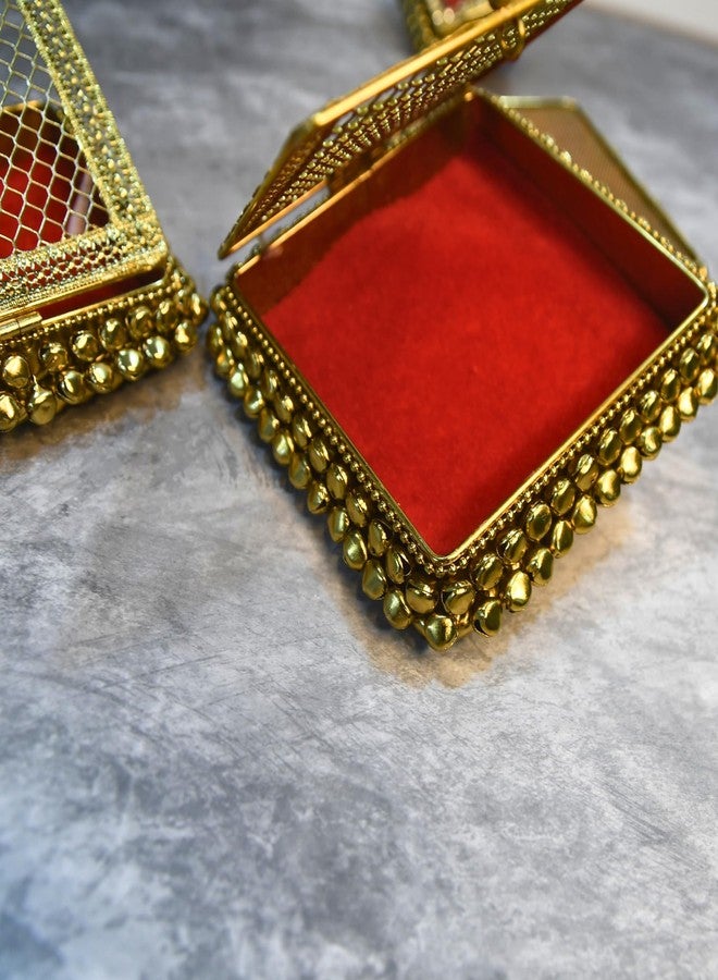 Lushure Metal Jewelry Gold Chain and Anklet Gift Box with Velvet Lining | Gold-Plated Mesh Lid & Ghungroo Design | | Wedding Chain Gift Set - 10X10 CM (1) - Image 4