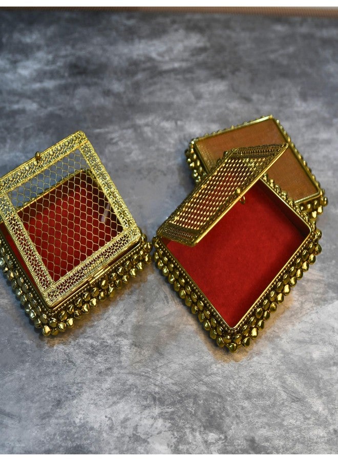 Lushure Metal Jewelry Gold Chain and Anklet Gift Box with Velvet Lining | Gold-Plated Mesh Lid & Ghungroo Design | | Wedding Chain Gift Set - 10X10 CM (1) - Image 5