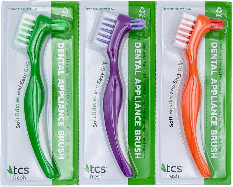 TCS Fresh Soft Bristle Denture Brush with Handle, Ergonomic Toothbrush for Cleaning Dental Appliances (3 Pack) - Image 1