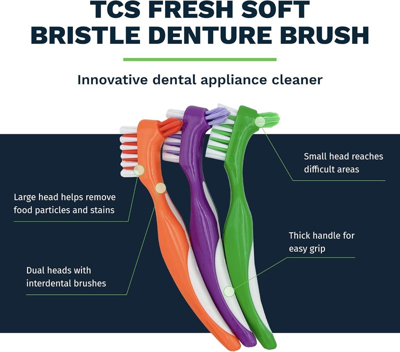 TCS Fresh Soft Bristle Denture Brush with Handle, Ergonomic Toothbrush for Cleaning Dental Appliances (3 Pack) - Image 2